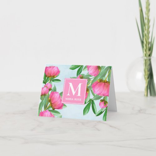 Pink Monogram Custom Floral Greenery Peonies Note Card