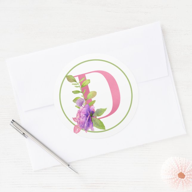 PINK MONOGRAM D WITH SUMMER FLOWERS CLASSIC ROUND STICKER (Envelope)