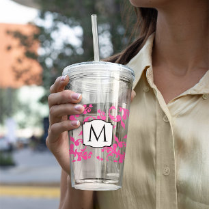 Pink Monogram Damask Acrylic Tumbler