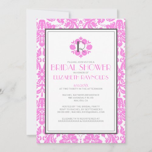 Pink Monogram Damask Bridal Shower Invitations