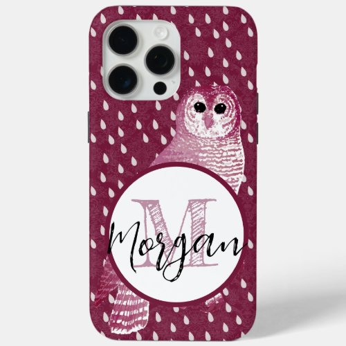 Pink Monogram Damask Owl Personalized  iPhone 15 Pro Max Case