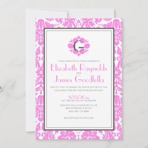 Pink Monogram Damask Wedding Invitations
