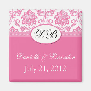 Pink Monogram Damask Wedding Magnet