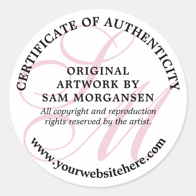 Pink Monogram Elegant Certificate of Authenticity Classic Round Sticker (Front)