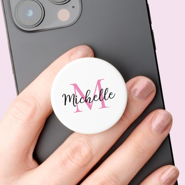 Pink Monogram First Name Personalized PopSocket (Cute monogram pop socket for mobile phone with script first name and pink monogram initial.)