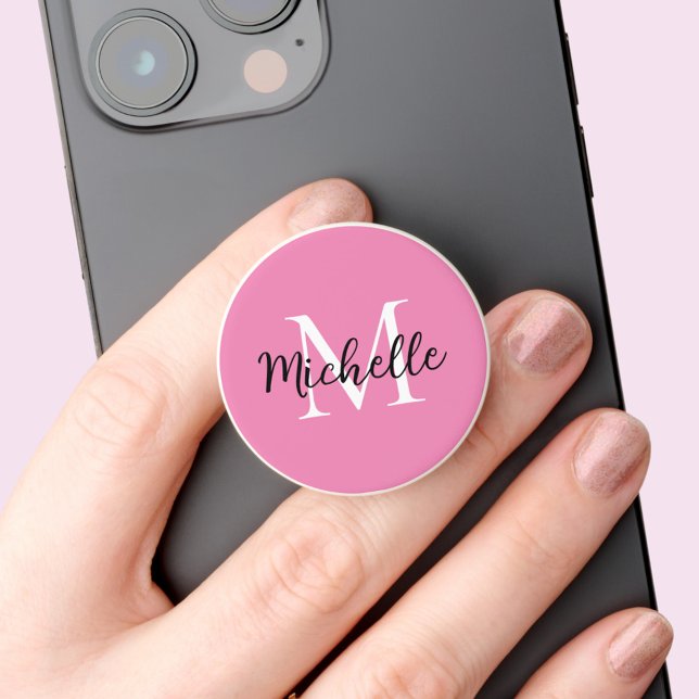 Pink Monogram First Name Personalized PopSocket (Pink monogram pop socket with monogram initial & script first name. Perfect for updating your phone.)