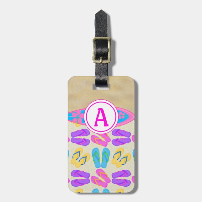 Pink Monogram Flip Flops Beach Luggage Tag (Front Vertical)