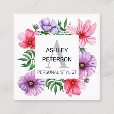 Pink Monogram Floral Girly Cute Personalized Square Business Card