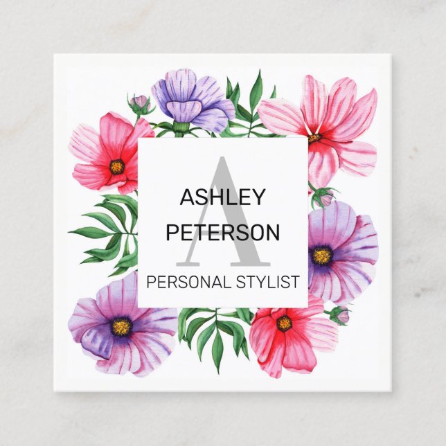 Pink Monogram Floral Girly Cute Personalized Square Business Card (Front)