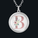 Pink Monogram Floral Letter B Watercolor Bouquet Silver Plated Necklace<br><div class="desc">Monogram necklace with your initial in pretty glitter and watercolor flowers. The floral letter B is designed in dusty pink glitter, embellished with a bouquet of pink and ivory flowers and greenery. A lovely gift for any woman and any occasion. Also a lovely idea as a wedding favor, for bridesmaids...</div>