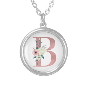 Pink Monogram Floral Letter B Watercolor Bouquet Silver Plated Necklace