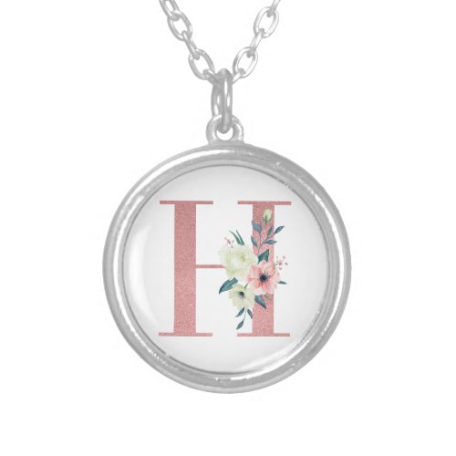 Pink Monogram Floral Letter H Watercolor Bouquet Silver Plated Necklace
