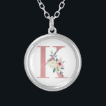 Pink Monogram Floral Letter K Watercolor Bouquet Silver Plated Necklace<br><div class="desc">Monogram necklace with your initial in pretty glitter and watercolor flowers. The floral letter K is designed in dusty pink glitter, embellished with a bouquet of pink and ivory flowers and greenery. A lovely gift for any woman and any occasion. Also a lovely idea as a wedding favor, for bridesmaids...</div>