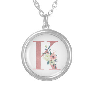 Pink Monogram Floral Letter K Watercolor Bouquet Silver Plated Necklace