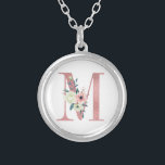 Pink Monogram Floral Letter M Watercolor Bouquet Silver Plated Necklace<br><div class="desc">Monogram necklace with your initial in pretty glitter and watercolor flowers. The floral letter M is designed in dusty pink glitter, embellished with a bouquet of pink and ivory flowers and greenery. A lovely gift for any woman and any occasion. Also a lovely idea as a wedding favor, for bridesmaids...</div>