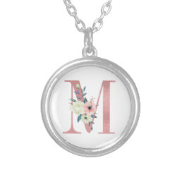 Pink Monogram Floral Letter M Watercolor Bouquet Silver Plated Necklace