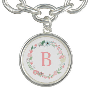 Pink Monogram Floral Wreath Charm Bracelet