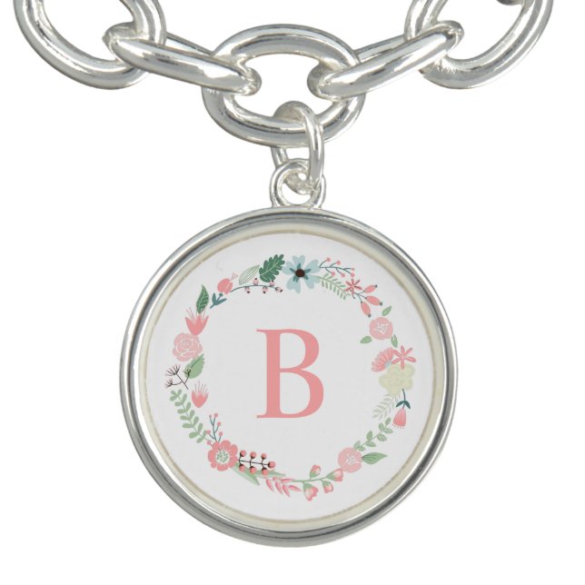 Pink Monogram Floral Wreath Charm Bracelet (Design)