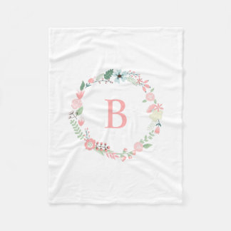 Pink Monogram Floral Wreath Fleece Blanket