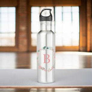 Pink Monogram Floral Wreath Water Bottle