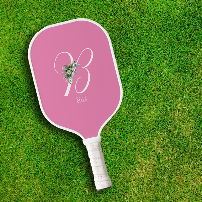 Pink monogram flower letter B Pickleball Paddle (Creator Uploaded)