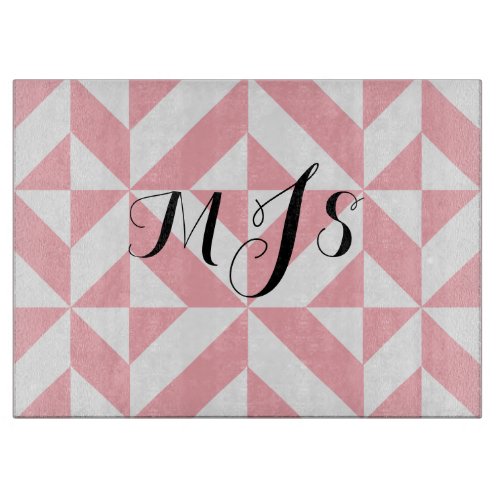 Pink Monogram Geometric Deco Cube Pattern Cutting Board