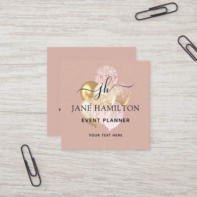 Pink Monogram Glitter Balloons Square Business Card (Front/Back In Situ)
