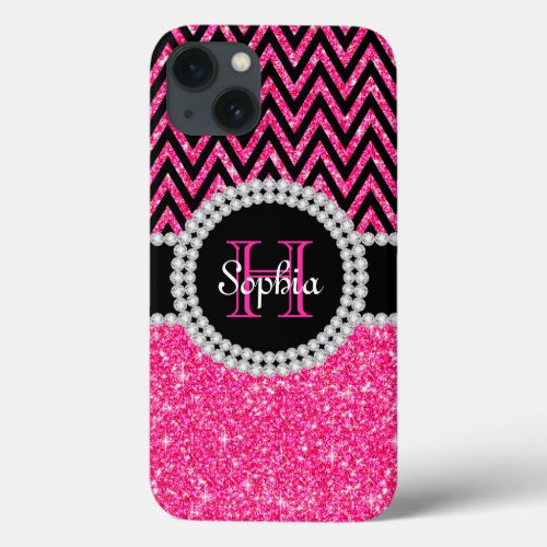 Pink Monogram Glitter Black Stripes iPhone 13 Case