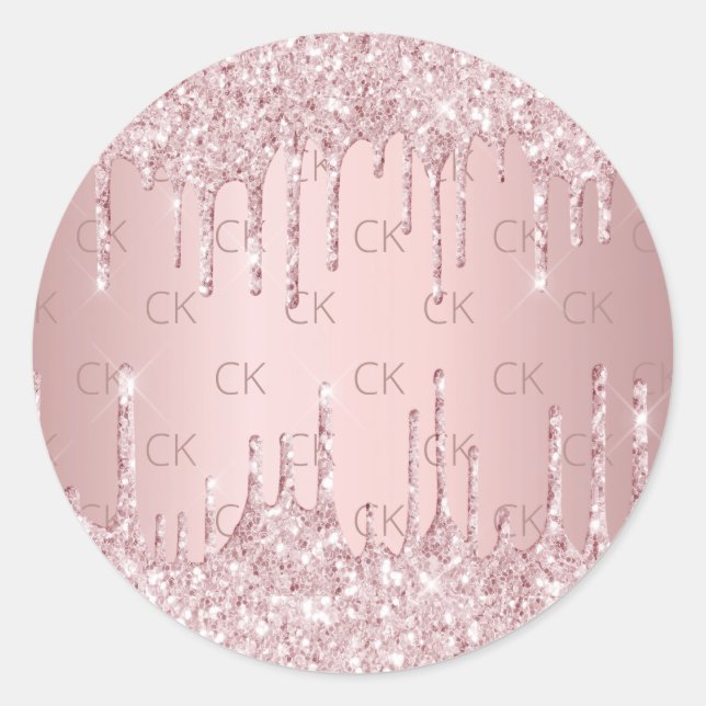 Pink monogram glitter drips dusty rose classic round sticker (Front)