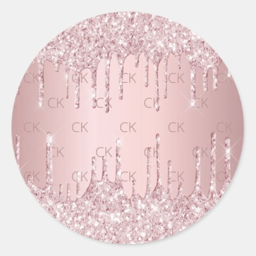 Pink monogram glitter drips dusty rose luxury  classic round sticker