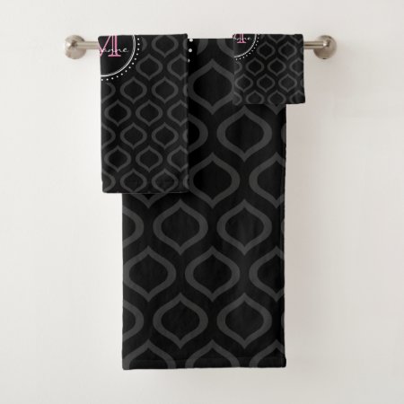 Pink Monogram | Gray Black Trellis Pattern Bath Towel Set