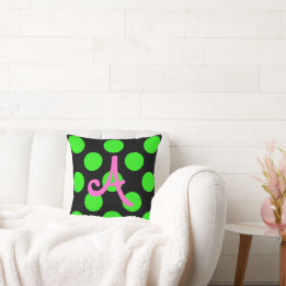 Pink Monogram Green Circles on Black Throw Pillow