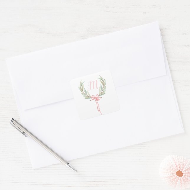Pink Monogram Initial Laurel Crest Stickers (Envelope)