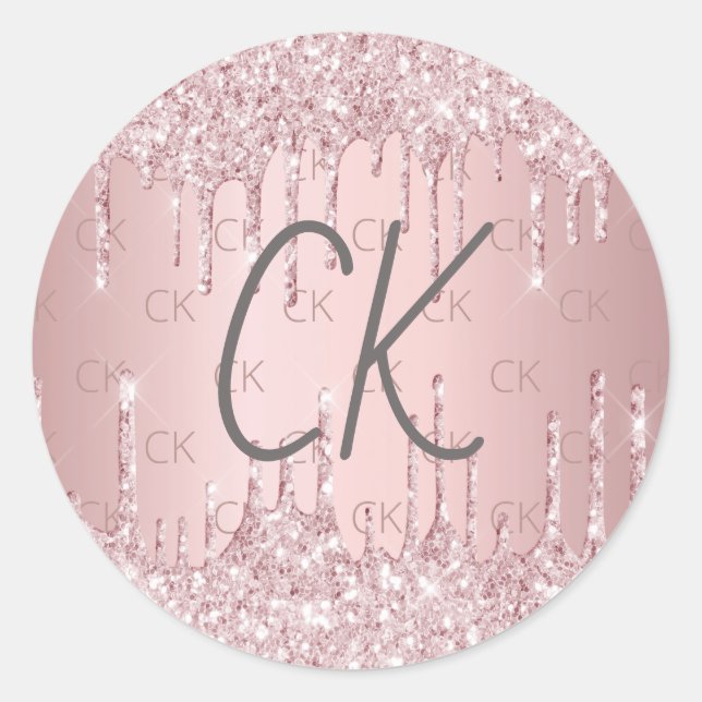 Pink monogram initials dusty rose glitter classic round sticker (Front)