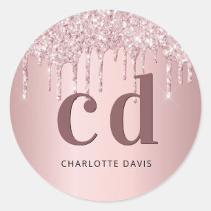 Pink monogram initials dusty rose glitter drips classic round sticker