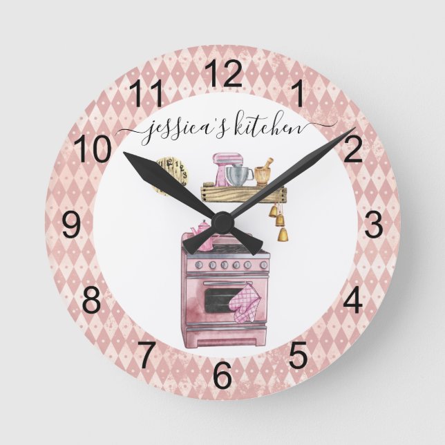 Pink Monogram Kitchen Stove Watercolor Round Clock (Front)