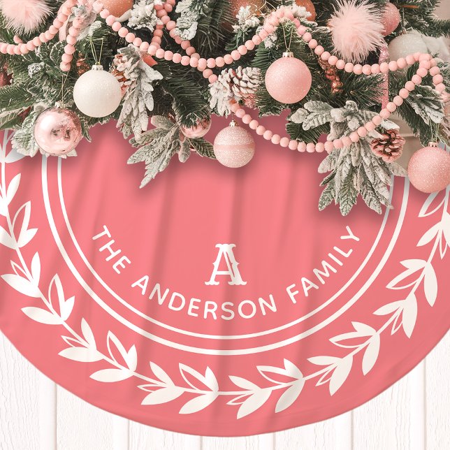 Pink Monogram Laurel Wreath Family Christmas Brushed Polyester Tree Skirt (Creator Uploaded)