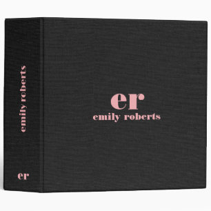 Pink Monogram Minimalistic Black Linen 3 Ring Binder