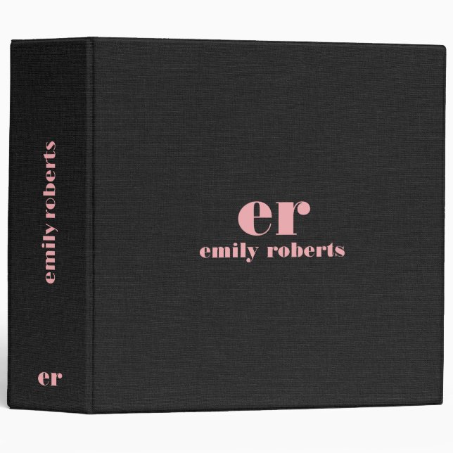 Pink Monogram Minimalistic Black Linen 3 Ring Binder (Front/Spine)