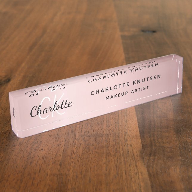 Pink monogram modern professional  desk name plate (Side)
