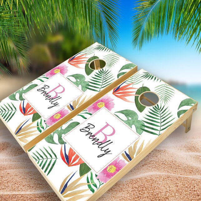 Pink Monogram Modern Tropical Floral  Cornhole Set (Creator Uploaded)