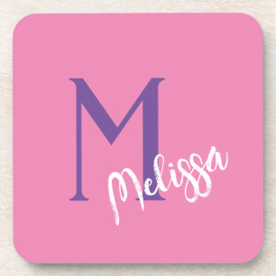 Pink Monogram Name Coaster with Cork Back