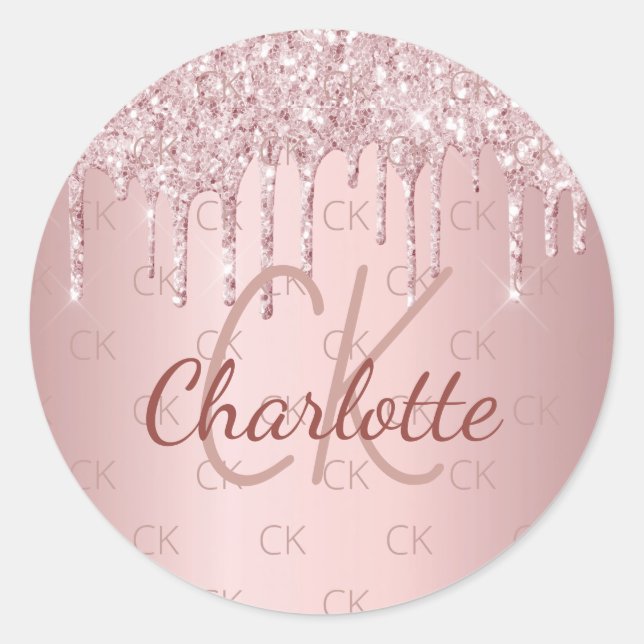 Pink monogram name dusty rose glitter drips classic round sticker (Front)