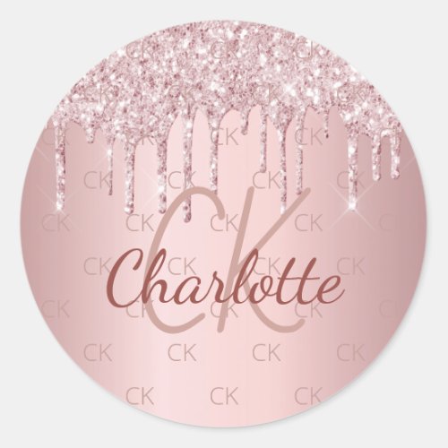 Pink monogram name dusty rose glitter luxury classic round sticker