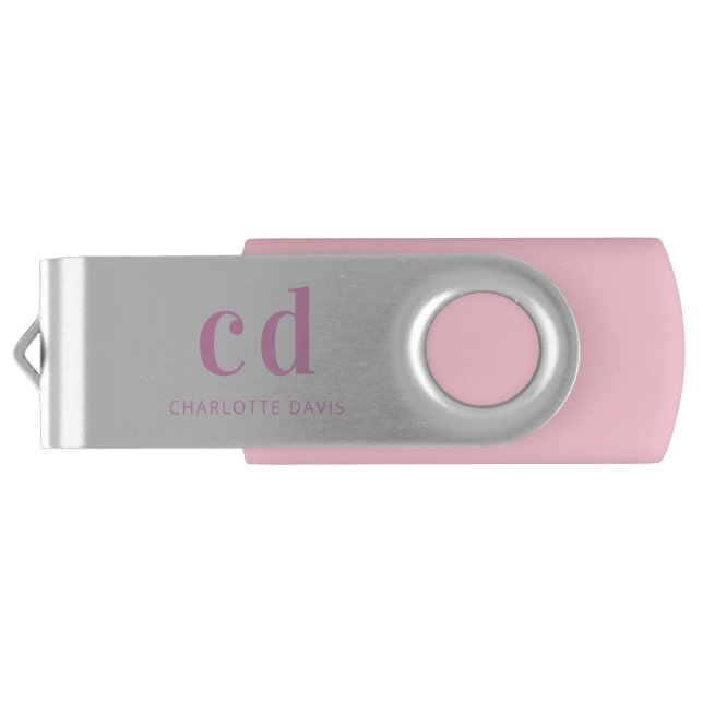 Pink monogram name minimalist flash drive (Back)