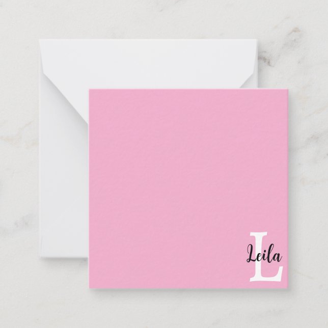 Pink Monogram Name Script Personalized Design Note Card (Front)