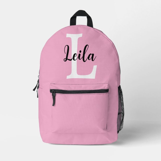 Pink Monogram Name Script Personalized Design Printed Backpack (Front)