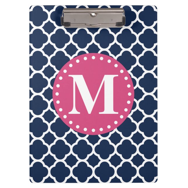 Pink Monogram Navy Quatrefoil Pattern Clipboard (Front)