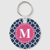 Elegant Navy Blue Quatrefoil with Pink Monogram Keychain | Zazzle