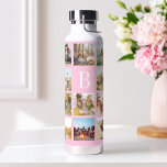 Pink Monogram Personalized 19 Photo Collage Water Bottle<br><div class="desc">Create your own insulated tumbler featuring 19 of your favorite pictures in a minimalist photo collage grid design. Add your own custom monogram initial in modern typography on pink background for a personalized touch.</div>